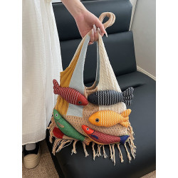 Bag Tote Bag Large Capacity Retro Tassel Splicing Design Literary Versatile Wool Knitted Bag Single Shoulder Bag