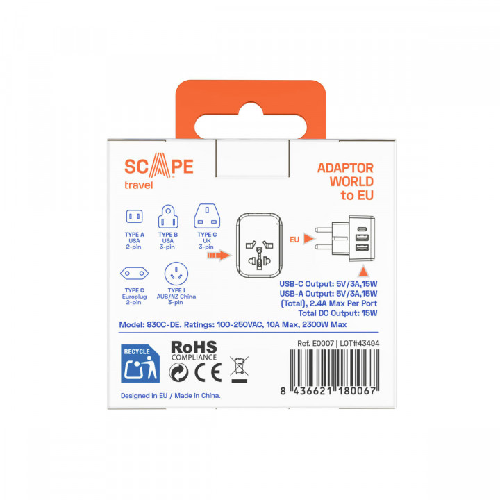 Ladrón de enchufe Scape Travel 830C-DE Plástico