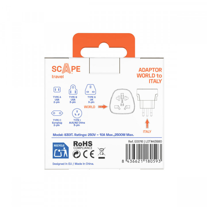 Plug adapter Scape Travel 830IT Plastic 10 A