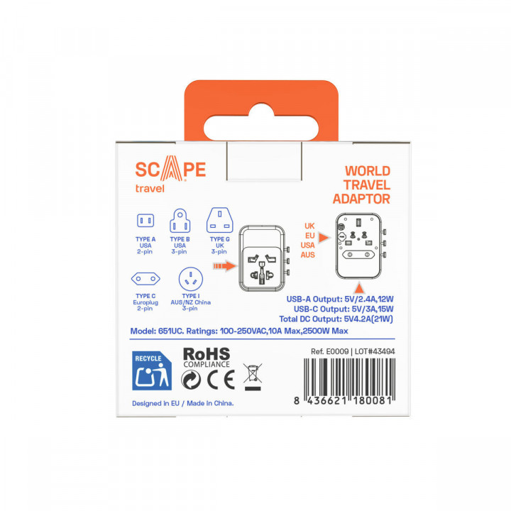 Plug adapter Scape Travel 651UC Plastic