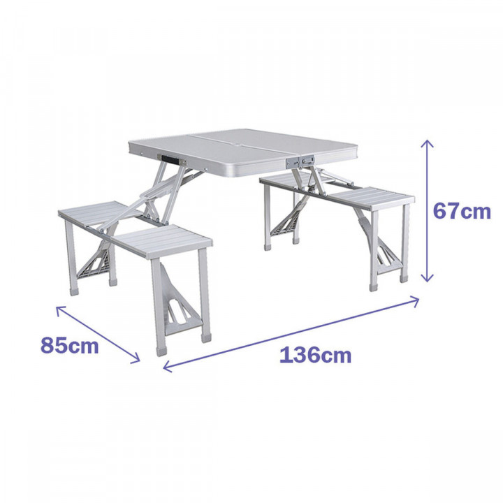 Marbueno Tisch und 4 Sitze mit Sonnenschirmloch Klappbar Aluminium Grau Camping und Strand 136X85X67 cm 10439
