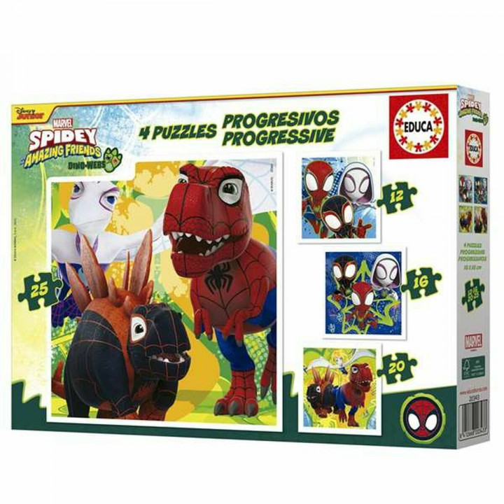4-Puzzle Set Educa Dino Spidey 12 Pieces 16 Pieces 20 Pieces 25 Pieces (4 Units)