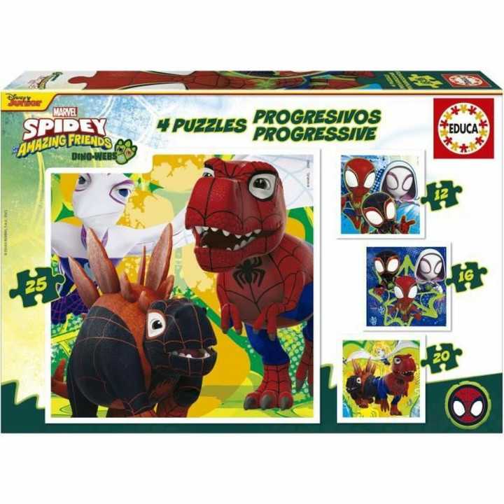 Set di 4 Puzzle Educa Dino Spidey 12 Pezzi 16 Pezzi 20 Pezzi 25 Pezzi (4 Unità)