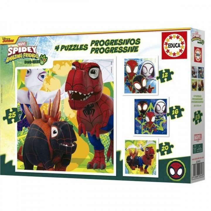 Set de 4 Puzzles Educa Dino Spidey 12 Pièces 16 Pièces 20 Pièces 25 Pièces (4 Unités)