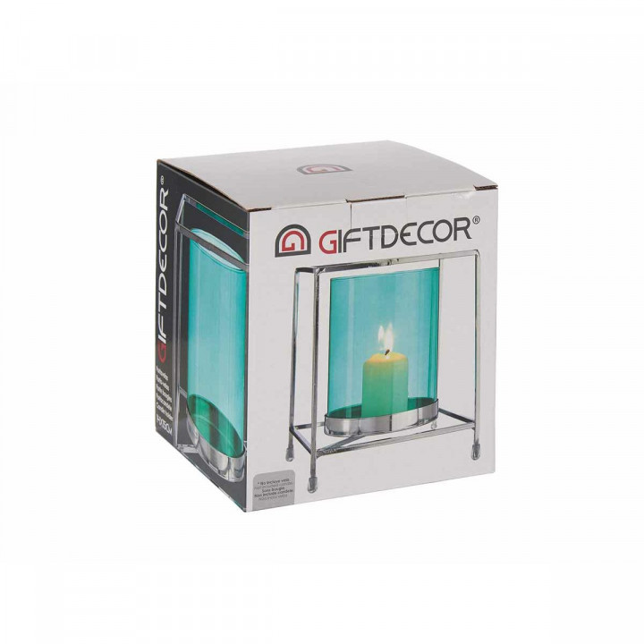 Portacandele Gift Decor Azzurro Argentato Argento Metallo Vetro 14 x 15,5 x 14 cm Quadrato