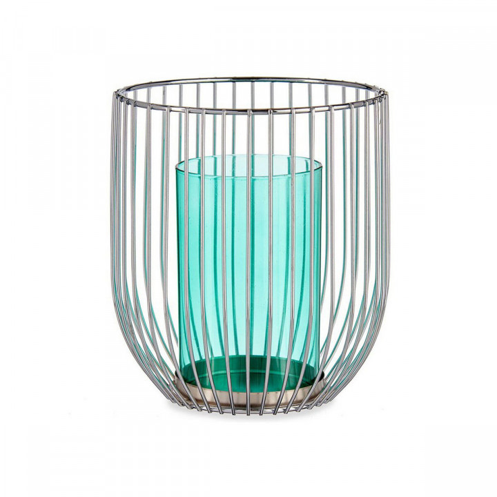 Candleholder Gift Decor Blue Silver Metal Glass 15 x 17 x 15 cm Cage