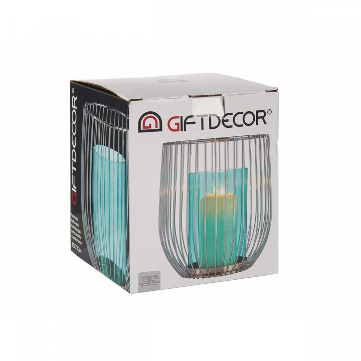 Portavelas Gift Decor Azul Plateado Plata Metal Vidrio 15 x 17 x 15 cm Jaula