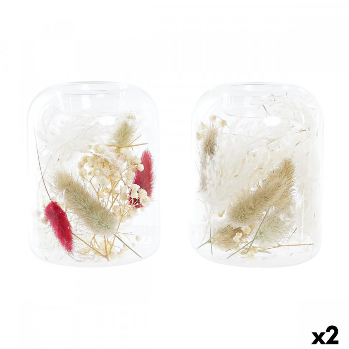 Bougeoir DKD Home Decor Beige Bordeaux Aluminium Verre 8 x 8 x 11 cm Fleur séchée (2 Unités) (2 Pièces)