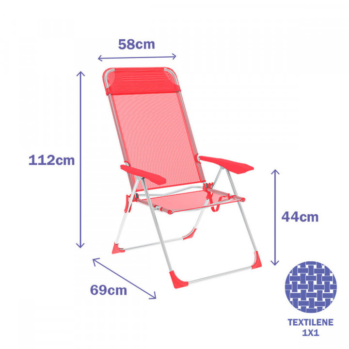 Marbueno Silla Plegable 5 Posiciones Aluminio con Cojin Coral Playa y Piscina 69X58X110 cm 10360
