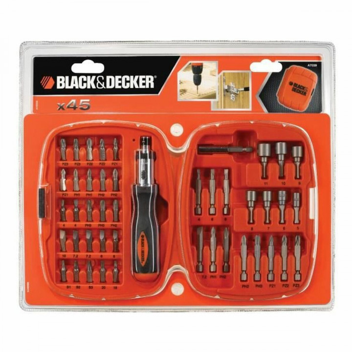 Set di punte con cacciavite Black & Decker A7039 -XJ 45 Pezzi Hex Phillips Pozidriv Torx