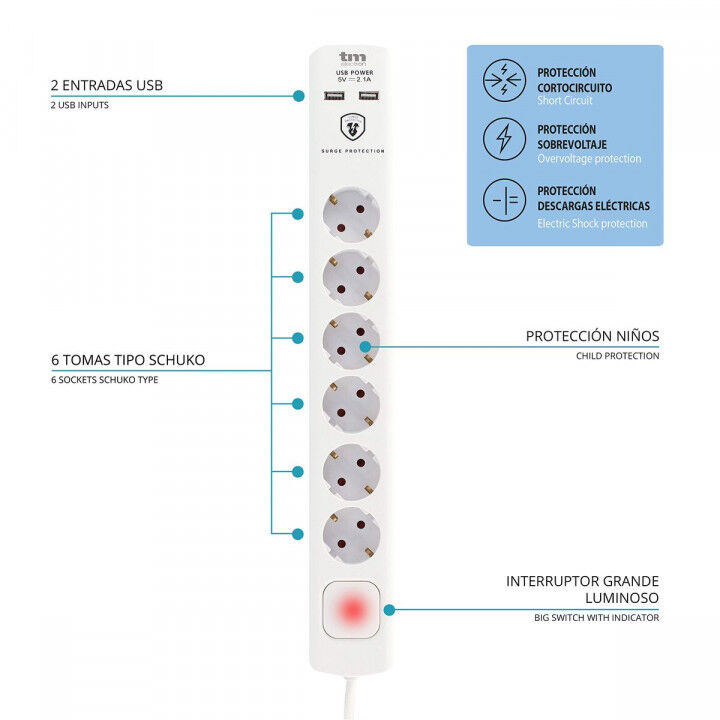Multiprise 6 Prises avec Interrupteur TM Electron TMUAD306