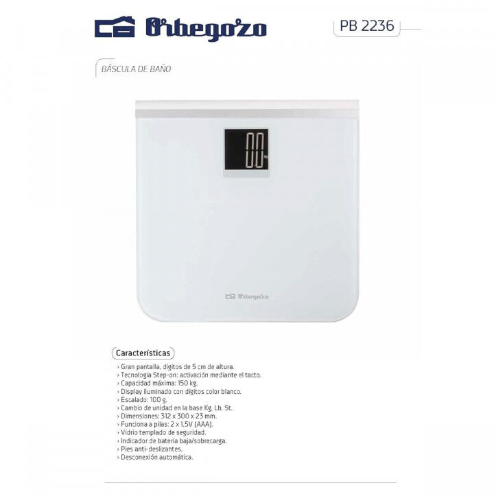 Digital Bathroom Scales Orbegozo PB2236 White Plastic 150 kg