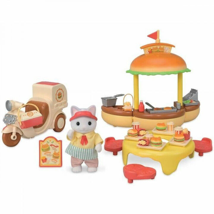 Accessoires voor poppenhuis Sylvanian Families Puesto de hamburguesas - Papa Latte Cat y Scooter 30 Onderdelen