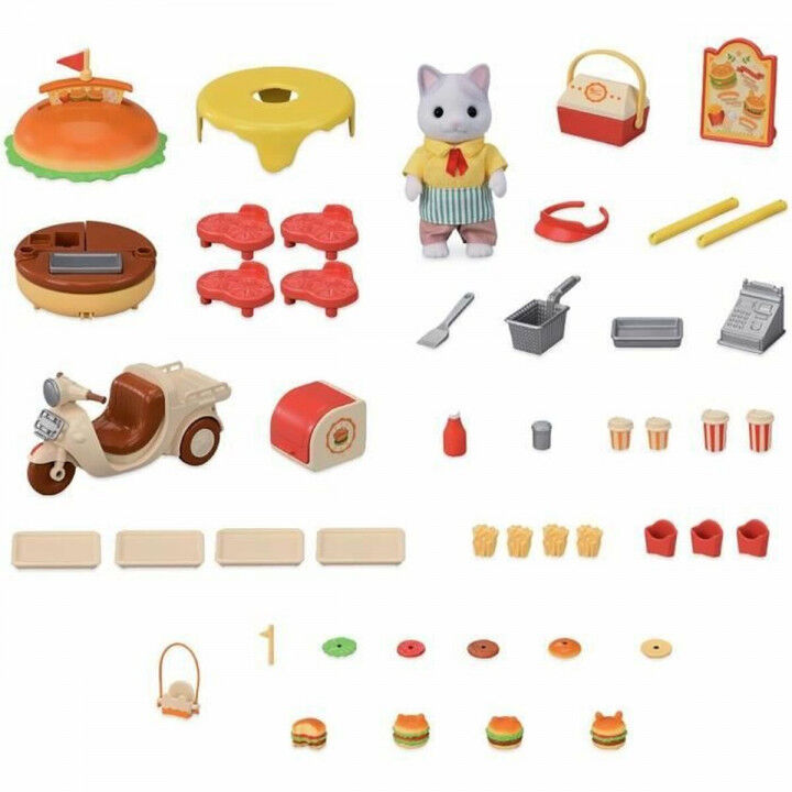 Zubehör für Puppenhaus Sylvanian Families Puesto de hamburguesas - Papa Latte Cat y Scooter 30 Stücke