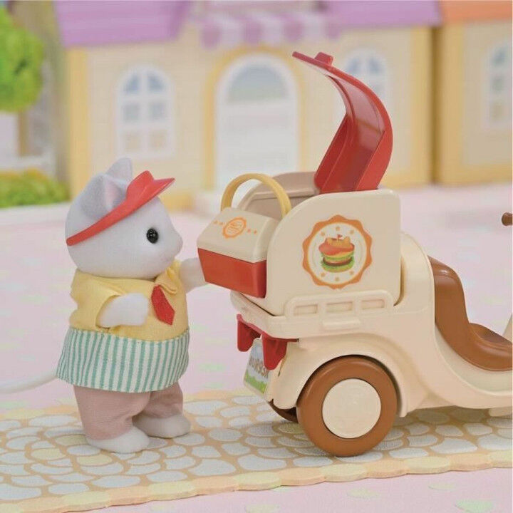 Zubehör für Puppenhaus Sylvanian Families Puesto de hamburguesas - Papa Latte Cat y Scooter 30 Stücke