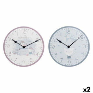 Wall Clock DKD Home Decor Blue Pink Wood Metal Plastic MDF Wood Children's Bird 24 x 3 x 24 cm (2 Units)