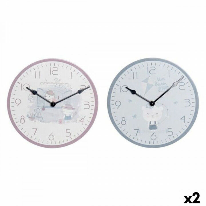 Wall Clock DKD Home Decor Blue Pink Wood Metal Plastic MDF Wood Children's Bird 24 x 3 x 24 cm (2 Units)