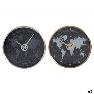 Orologio da Parete DKD Home Decor Nero Dorato Argentato Alluminio Cristallo Mappamondo 30 x 4,3 x 30 cm (2 Unità)
