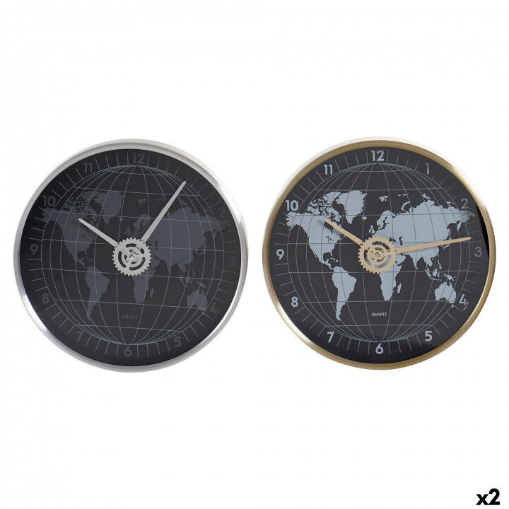 Orologio da Parete DKD Home Decor Nero Dorato Argentato Alluminio Cristallo Mappamondo 30 x 4,3 x 30 cm (2 Unità)