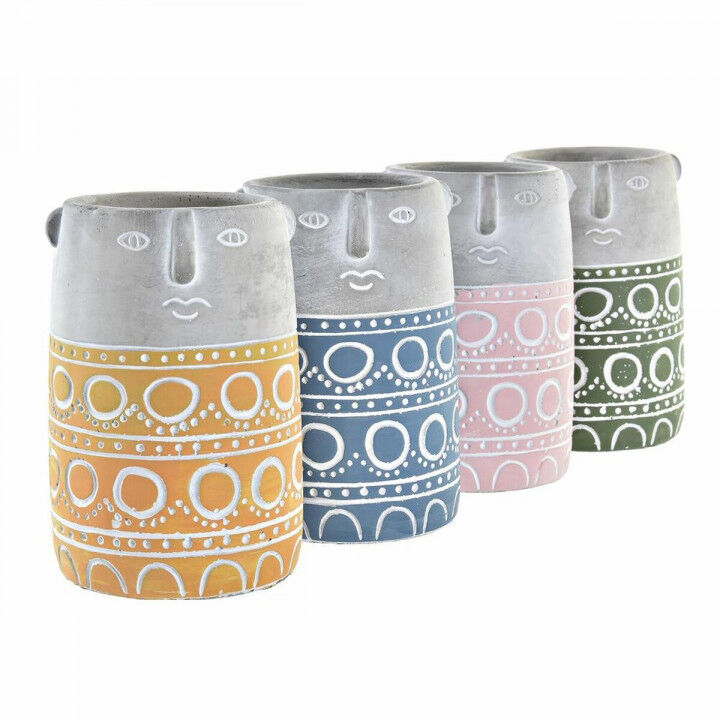 Cache-pot DKD Home Decor Visage Bleu Rose Ciment Vert Jaune (12 x 12 x 18 cm) (4 Unités)