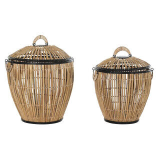 Set of Baskets DKD Home Decor Black Natural Metal Rattan 48 x 48 x 55 cm (2 Units)