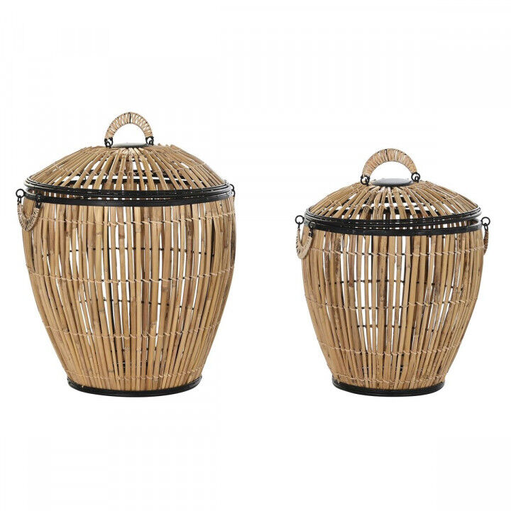 Set di Cesti DKD Home Decor Nero Naturale Metallo Rattan 48 x 48 x 55 cm (2 Unità)