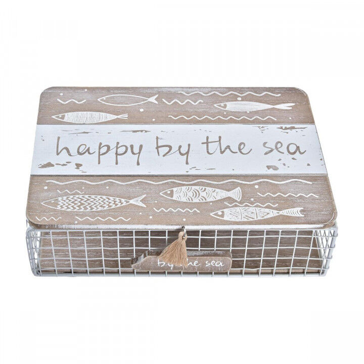 Caja Decorativa DKD Home Decor Blanco Marrón Madera Metal Espirales Mediterráneo