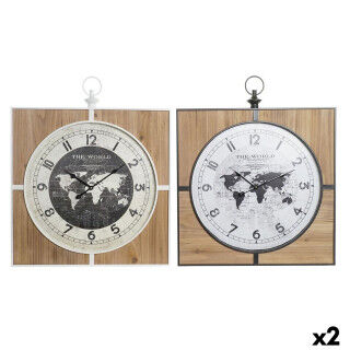 Reloj de Pared DKD Home Decor Negro Blanco Hierro Vintage 60 x 4,5 x 60 cm Madera MDF Mapamundi (2 Unidades)