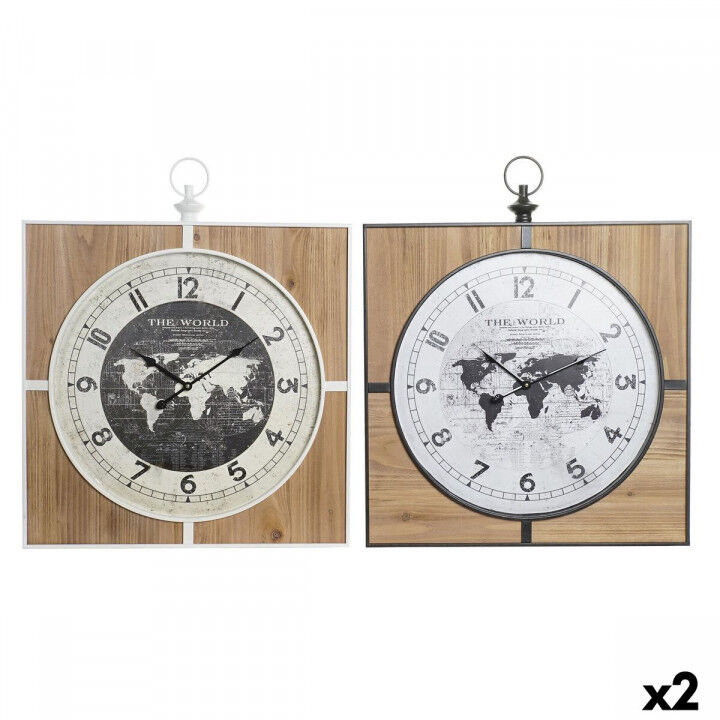 Wanduhr DKD Home Decor Schwarz Weiß Eisen Vintage 60 x 4,5 x 60 cm Holz MDF Weltkarte (2 Stück)