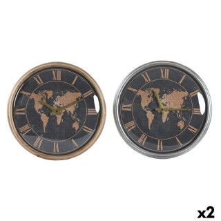 Reloj de Pared DKD Home Decor 46 x 6,5 x 46 cm Cristal Plateado Negro Dorado Marrón Hierro Mapamundi (2 Unidades)