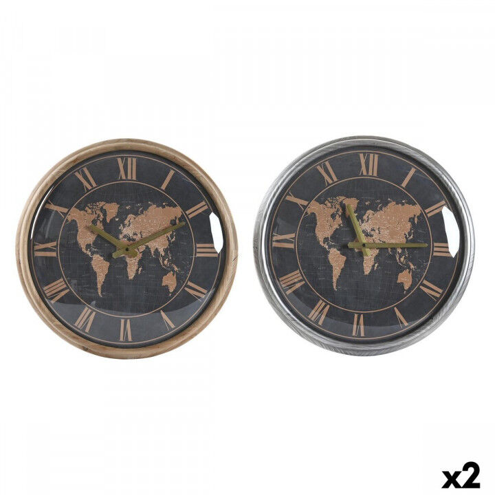 Orologio da Parete DKD Home Decor 46 x 6,5 x 46 cm Cristallo Argentato Nero Dorato Marrone Ferro Mappamondo (2 Unità)