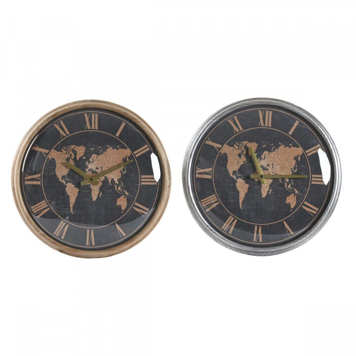 Reloj de Pared DKD Home Decor 46 x 6,5 x 46 cm Cristal Plateado Negro Dorado Marrón Hierro Mapamundi (2 Unidades)
