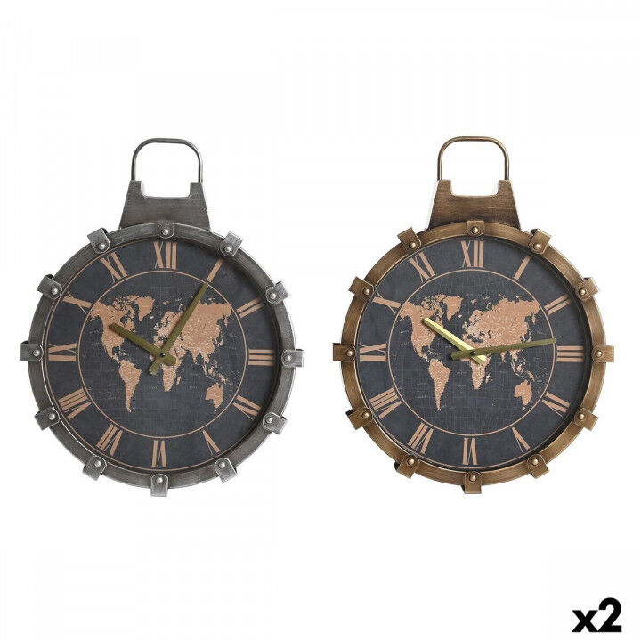 Orologio da Parete DKD Home Decor Dorato Argentato Cristallo Ferro Mappamondo 42 x 8,5 x 54 cm (2 Unità)