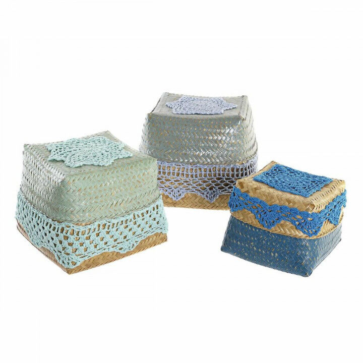 Set of decorative boxes DKD Home Decor Blue Turquoise Natural Light grey Bamboo Boho