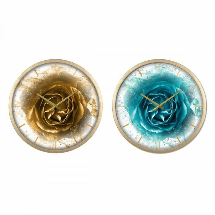 Wanduhr DKD Home Decor Kristall Gold türkis Eisen Rosen Moderne (2 Stück) (40 x 6 x 40 cm)