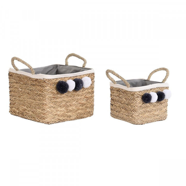 Set de basket DKD Home Decor Fibre naturelle Pompons 33 x 33 x 25 cm