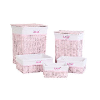 Laundry Basket DKD Home Decor Pink wicker Children's 44 x 34 x 56 cm 5 Pieces