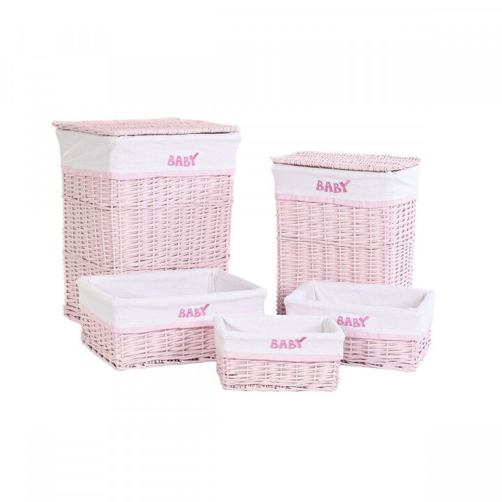 Cesto para la Ropa DKD Home Decor Rosa Mimbre Infantil 44 x 34 x 56 cm 5 Piezas