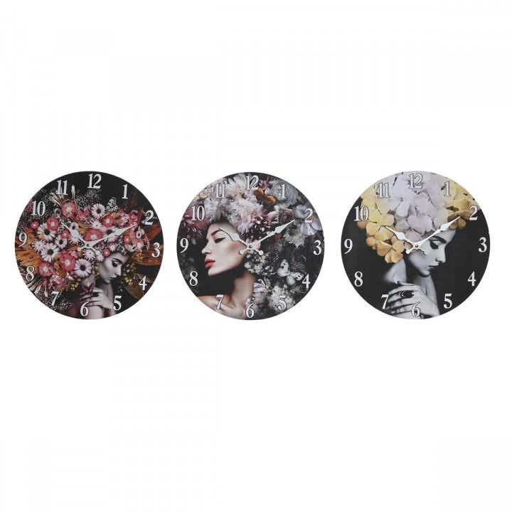 Wall Clock DKD Home Decor Black Multicolour Flowers Modern MDF Wood (34 x 4 x 34 cm) (3 Units)