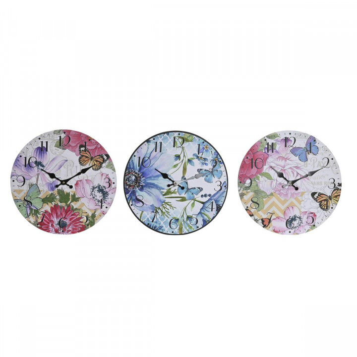 Wall Clock DKD Home Decor Multicolour Flowers MDF Wood (34 x 4 x 34 cm) (3 Units)