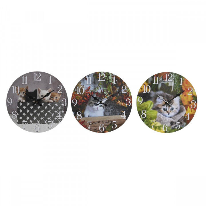 Reloj de Pared DKD Home Decor Multicolor Gatos Madera MDF (34 x 4 x 34 cm) (3 Unidades)