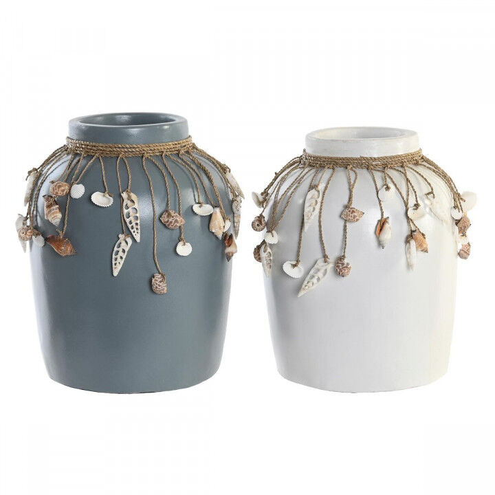 Vase DKD Home Decor Bleu Blanc Bambou Coquillages 20 x 20 x 26 cm (2 Unités)