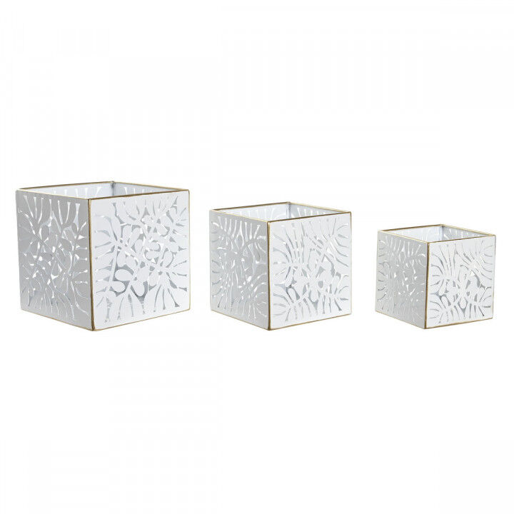 Satz Blumentöpfe DKD Home Decor Bettlaken Gold Metall 15 x 15 x 15 cm Weiß Tropical Pflanzenblatt