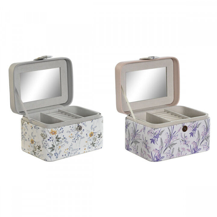 Doos-Juwelenkistje DKD Home Decor Wit Grijs Lila Licht Roze Polyurethaan Spiegel 17 x 12 x 10 cm (2 Stuks)