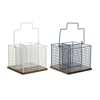 Panier à couverts DKD Home Decor Bleu Blanc Métal Bois d'hévéa 18 x 18 x 15 cm (2 Unités)