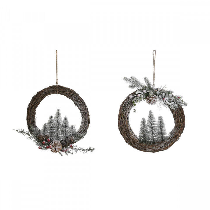 Kerstkroon DKD Home Decor Natuurlijk vlechtwerk ananas Besneeuwd 32 x 7 x 32 cm (2 Stuks)