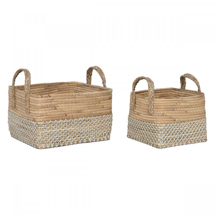 Juego de Cestas Home ESPRIT Blanco Natural Marrón claro PVC Hierba marina Junco 43 x 38 x 36 cm 2 Piezas