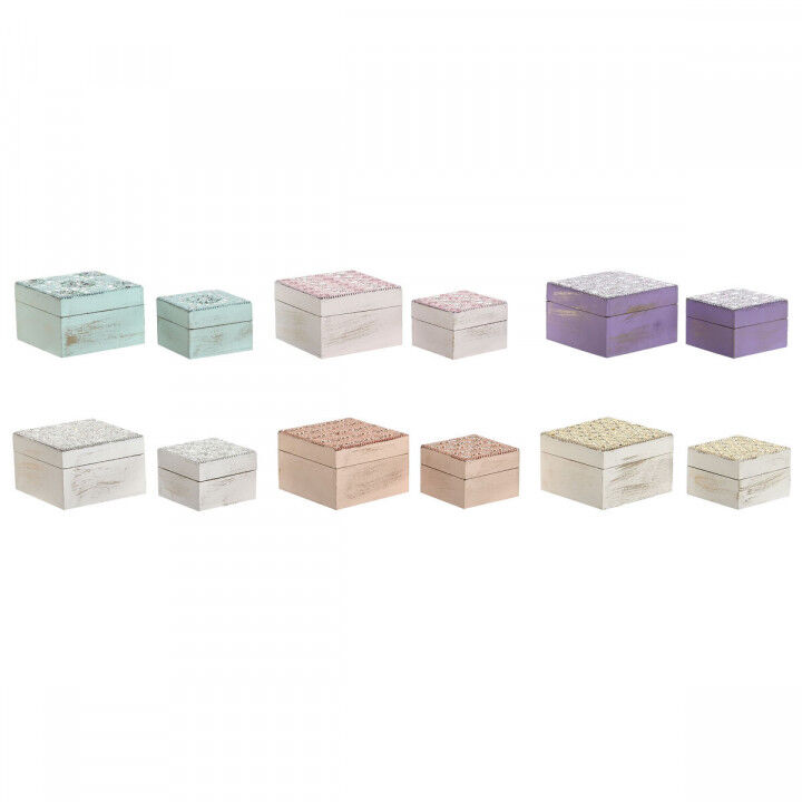 Caja-Joyero Home ESPRIT Multicolor Rosa Lila Madera de mango 10 X 10 X 6,6 cm (2 Piezas) (6 Unidades)