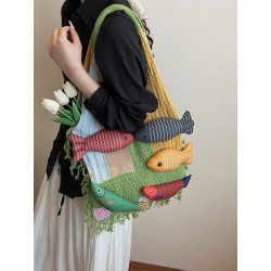 Bag Tote Bag Large Capacity Retro Tassel Splicing Design Literary Versatile Wool Knitted Bag Single Shoulder Bag